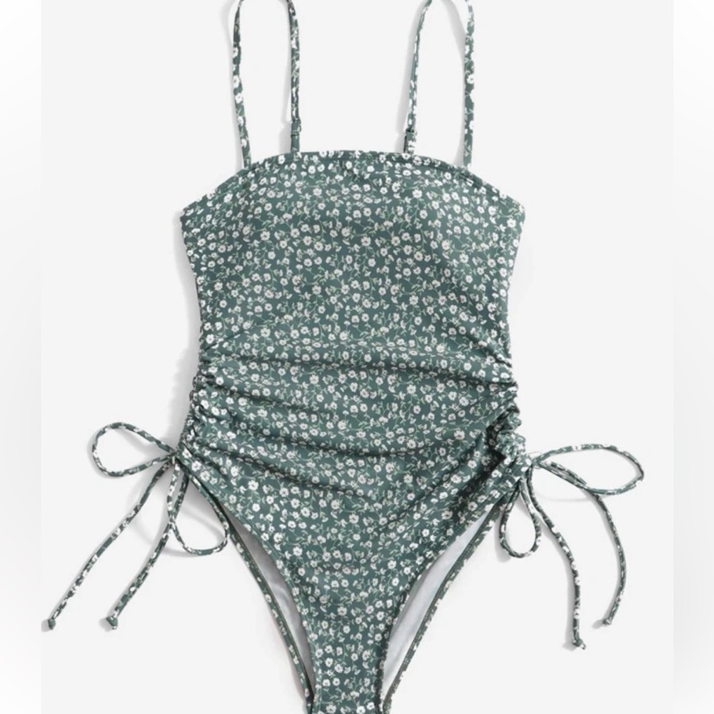 NEW Summer Beach Ditsy Floral Print Drawstring One Piece Swimsuit - Small